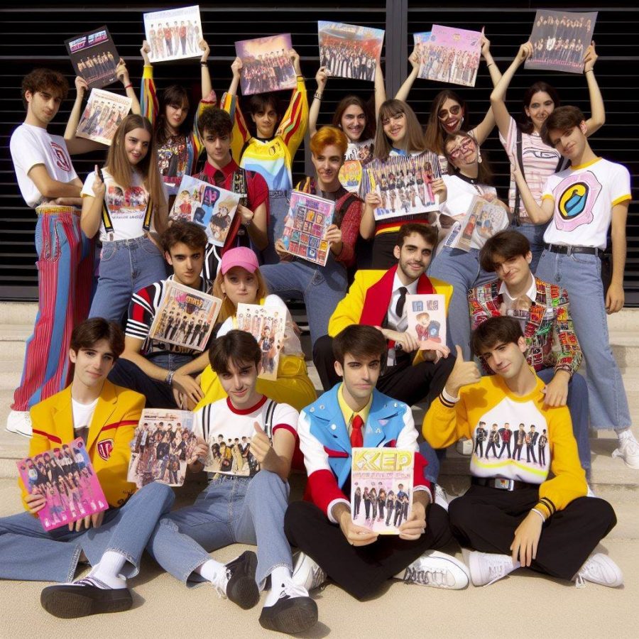 Grupo de 20 chicos y chicas con diferentes carteles de sus grupos favoritos de k-pop.