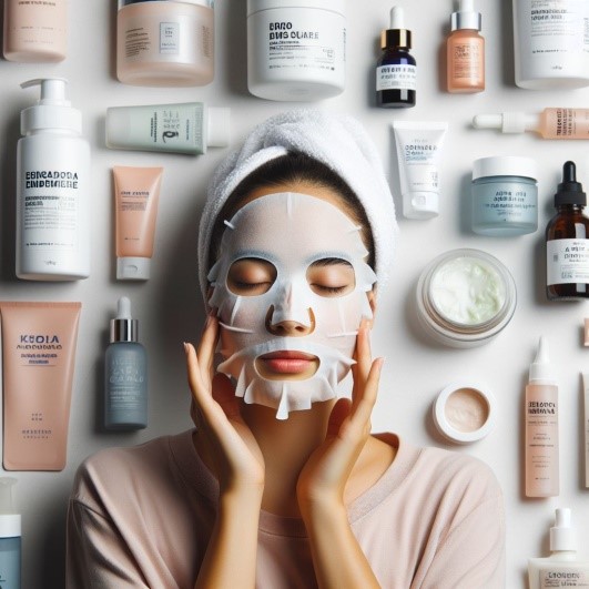 Chica con una mascarilla de tratamiento facial en la cara y una toalla en el pelo, rodeada de productos de cosmética coreana.