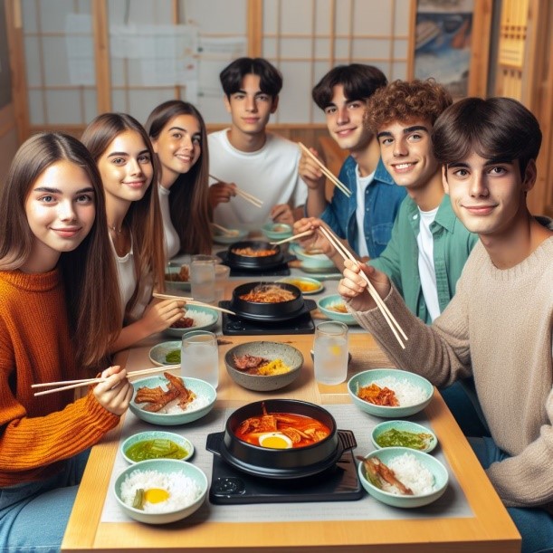 Grupo de siete chicos y chicas sentados en una mesa de un restaurante coreano con comida tradicional coreana en la mesa.