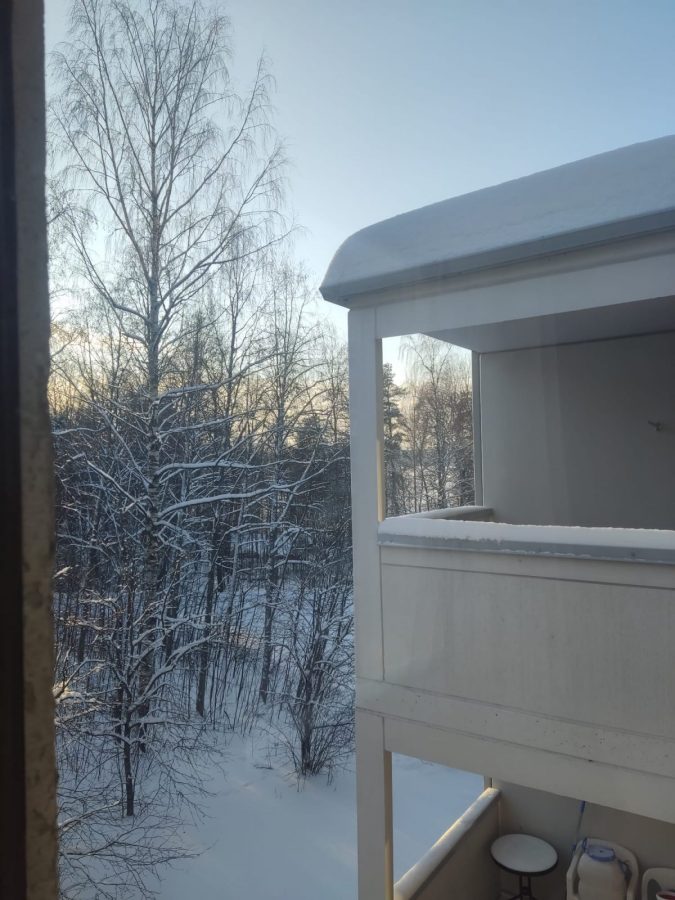 Vista al paisaje nevado desde la ventana de una habitacion