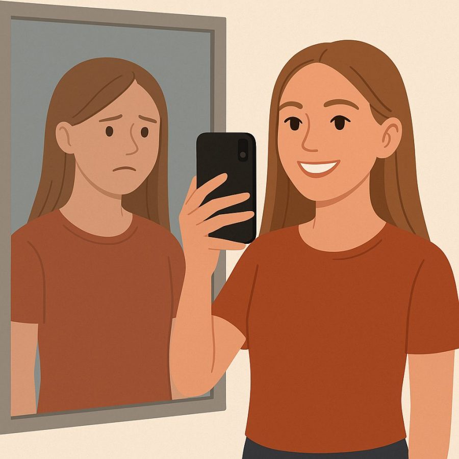Una chica se toma una selfie sonriendo, pero su reflejo en el espejo está triste