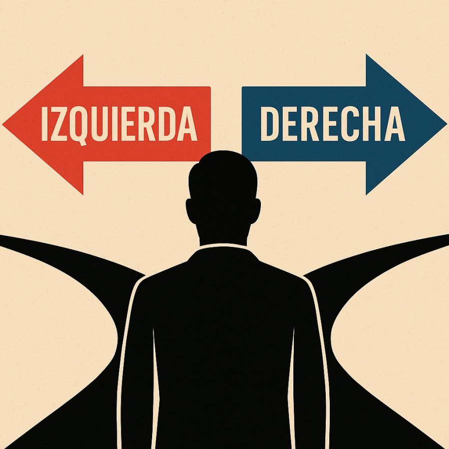 Ilustración creada con IA de una persona frente a dos caminos: derecha o izquierda.