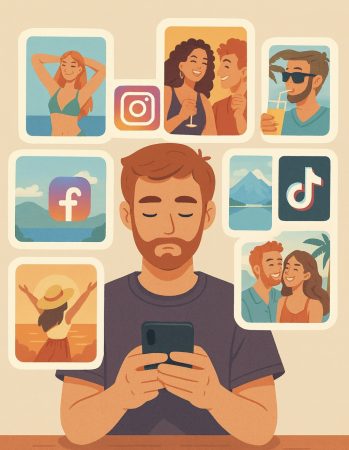 Un joven mira su móvil rodeado de imágenes perfectas de redes sociales